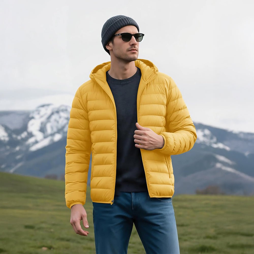 Yellow Men's Lightweight Hooded Puffer Jacket - Quilted Winter Coat - MAGCOMSEN