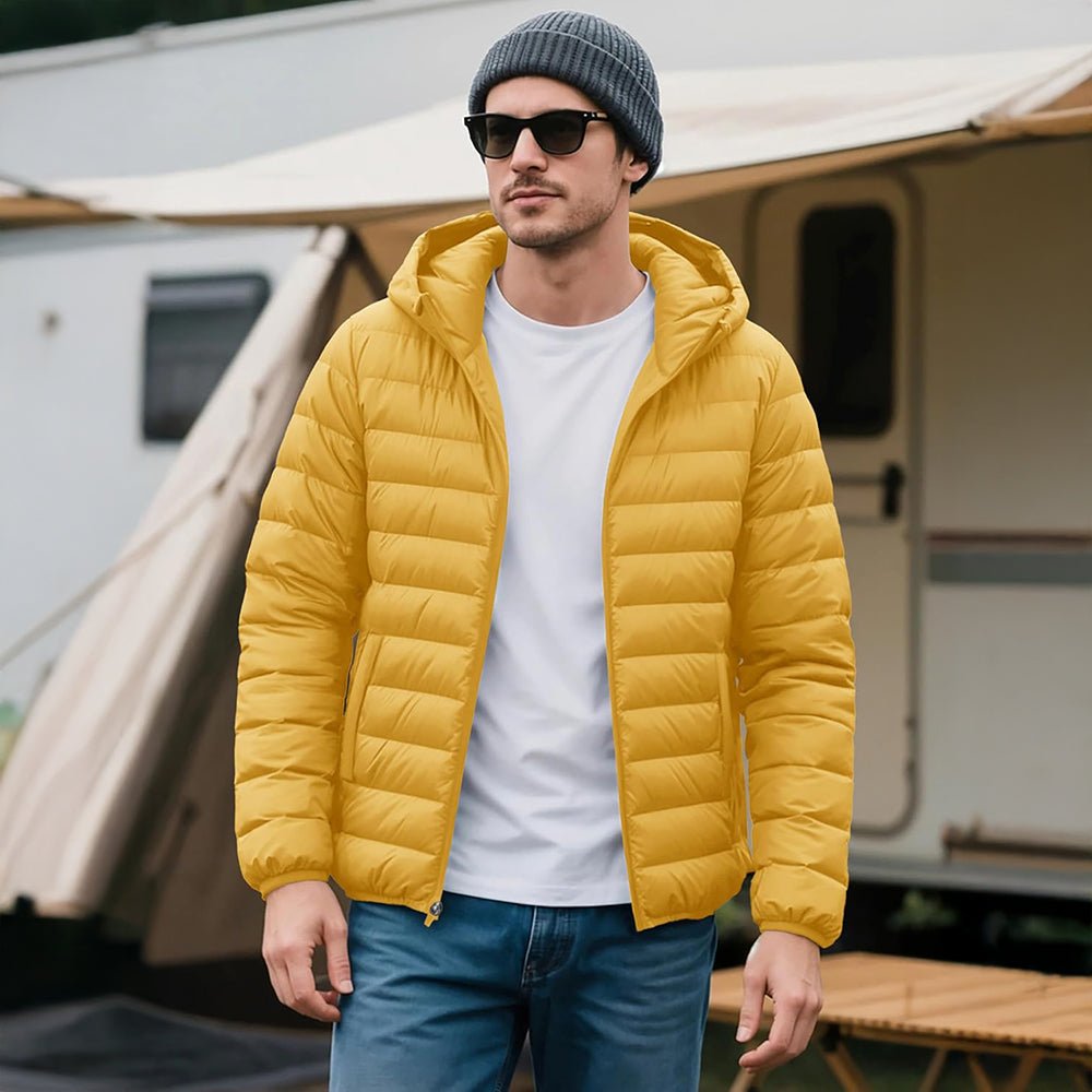 Yellow Men's Lightweight Hooded Puffer Jacket - Quilted Winter Coat - MAGCOMSEN