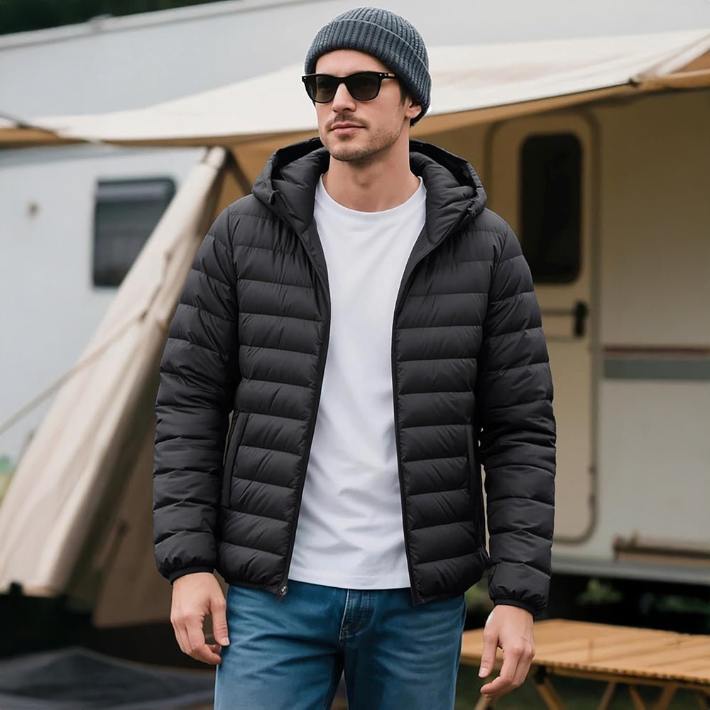 Black Men's Lightweight Hooded Puffer Jacket - Quilted Winter Coat - MAGCOMSEN