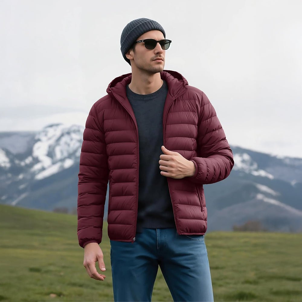 Wine Men's Lightweight Hooded Puffer Jacket - Quilted Winter Coat - MAGCOMSEN