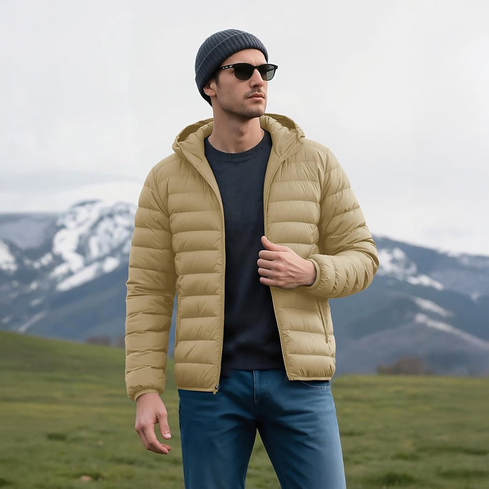 Khaki Men's Lightweight Hooded Puffer Jacket - Quilted Winter Coat - MAGCOMSEN
