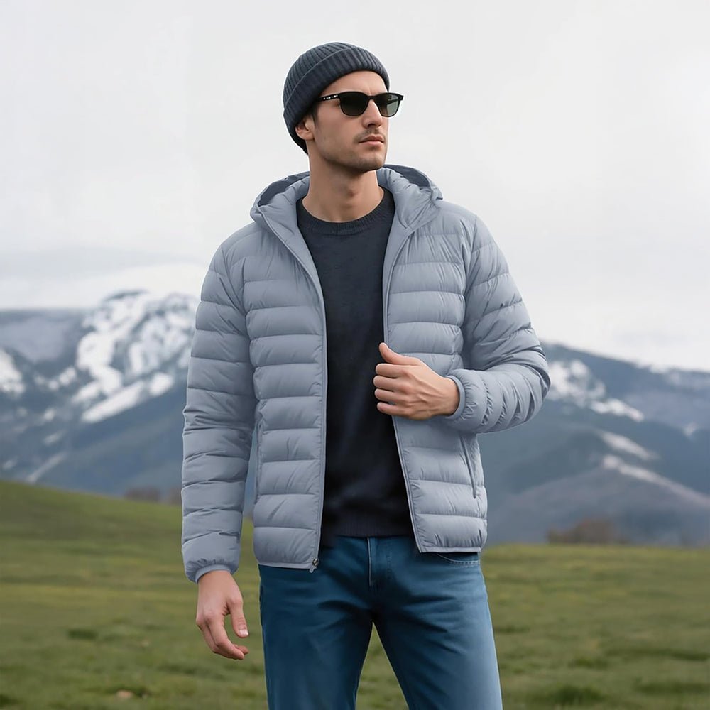 Light Grey Men's Lightweight Hooded Puffer Jacket - Quilted Winter Coat - MAGCOMSEN