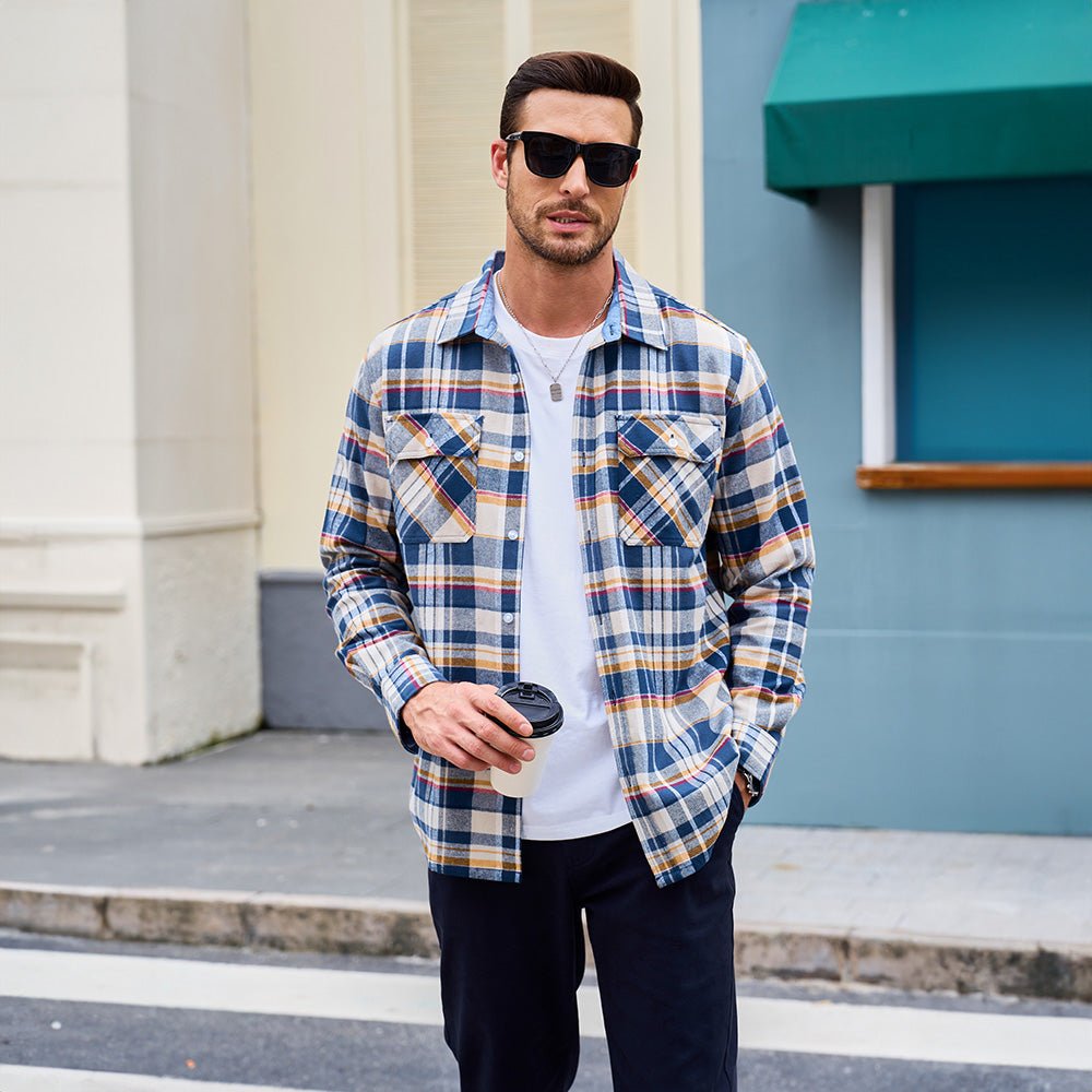 Yellow Men's Long Sleeve Cotton Plaid Flannel Shirt - MAGCOMSEN