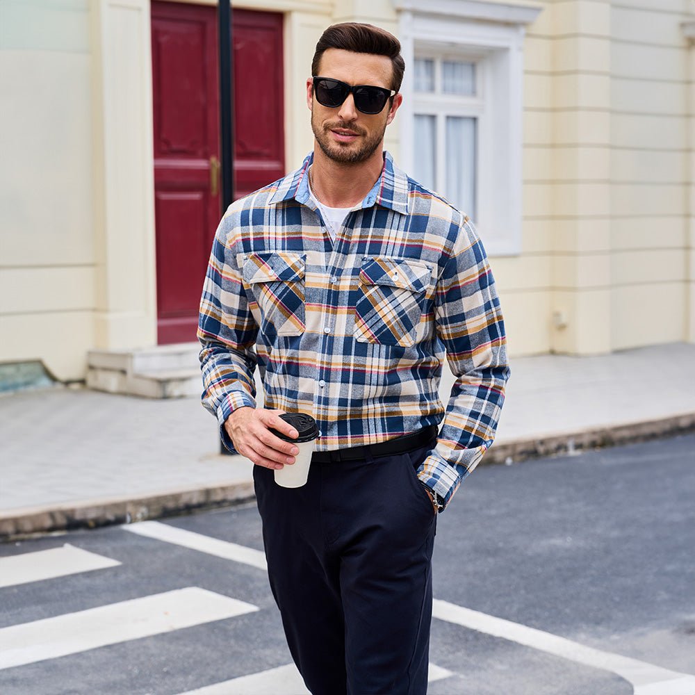 Yellow Men's Long Sleeve Cotton Plaid Flannel Shirt - MAGCOMSEN