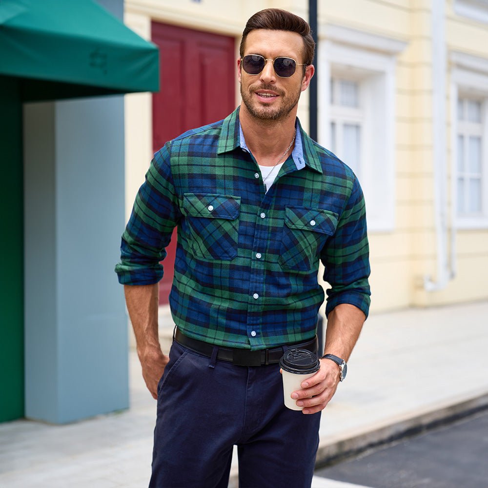Green Men's Long Sleeve Cotton Plaid Flannel Shirt - MAGCOMSEN