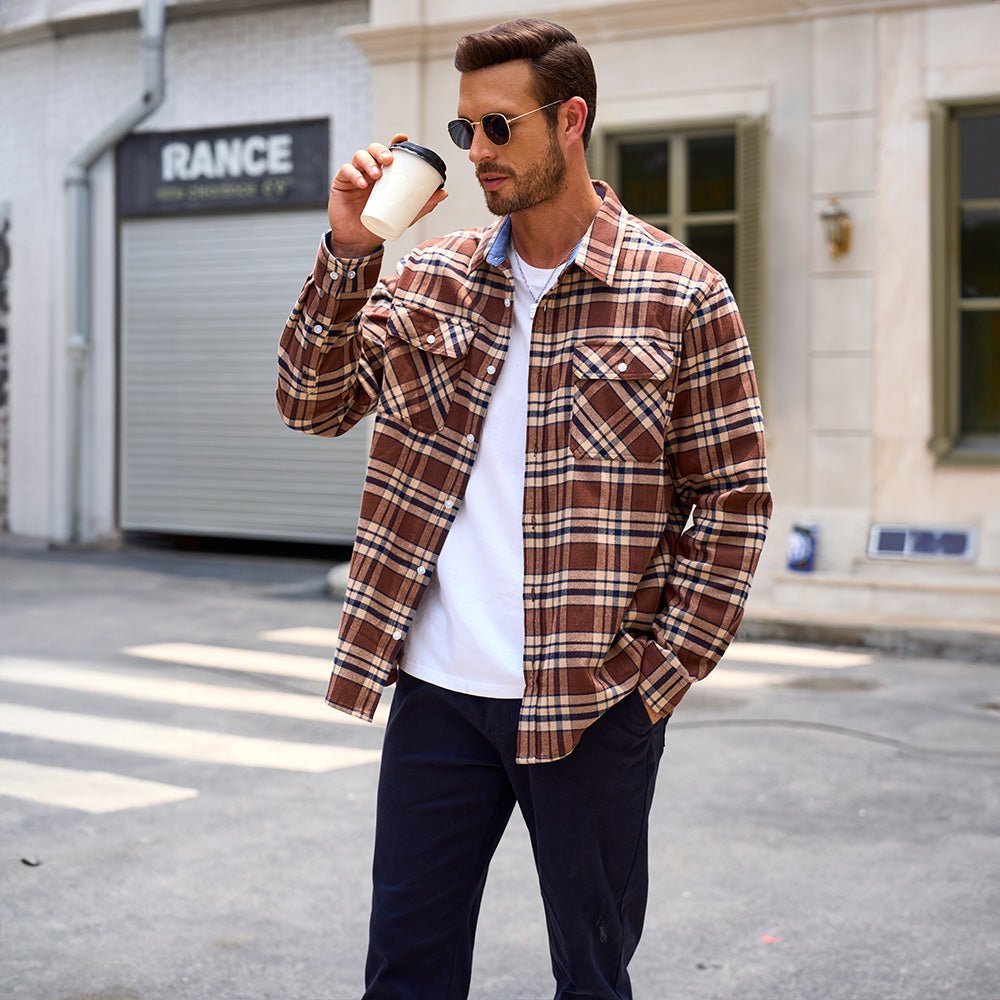 Brown Men's Long Sleeve Cotton Plaid Flannel Shirt - MAGCOMSEN