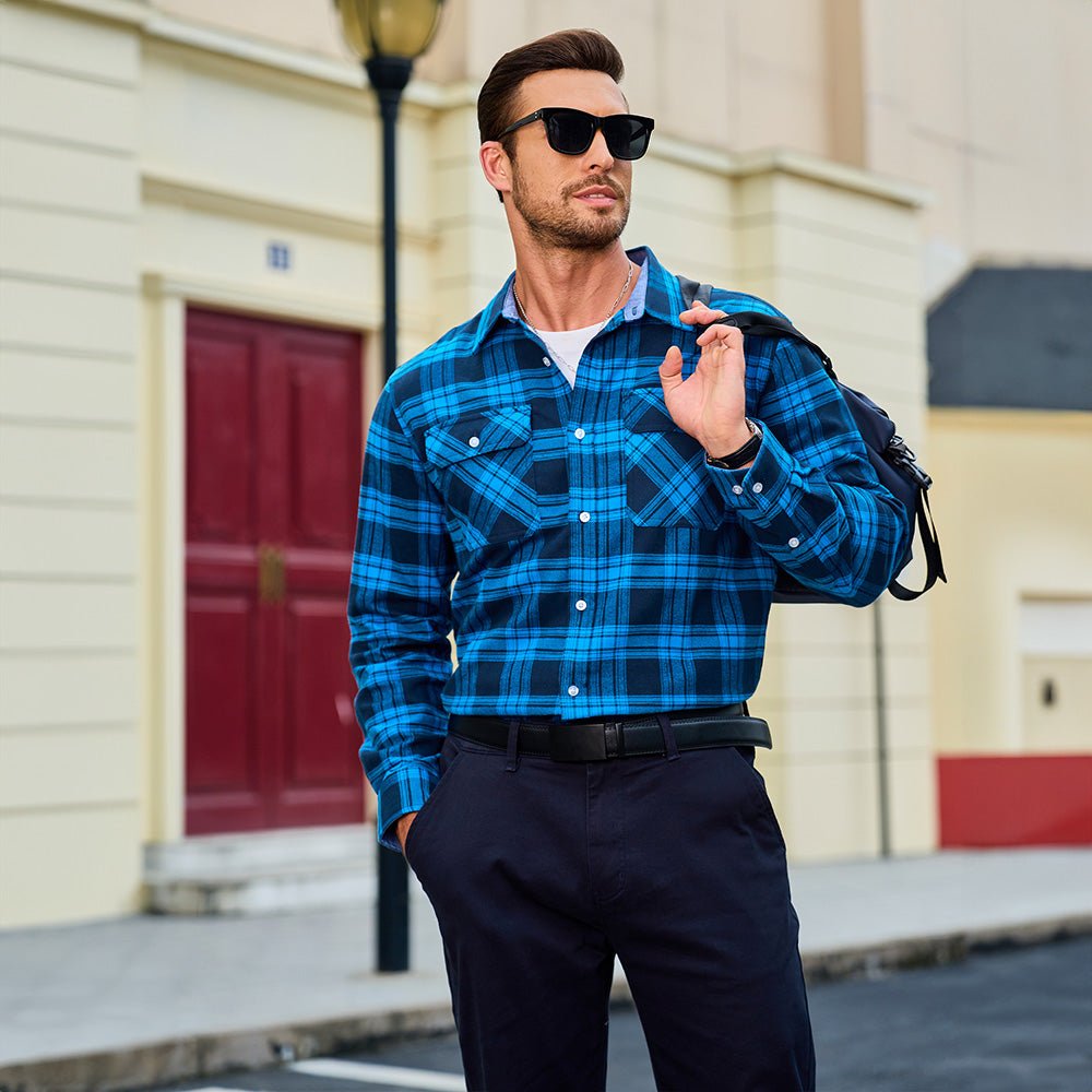 Bright Blue Men's Long Sleeve Cotton Plaid Flannel Shirt - MAGCOMSEN