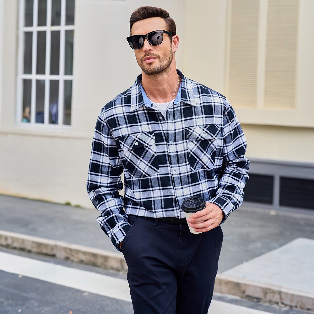 Black Men's Long Sleeve Cotton Plaid Flannel Shirt - MAGCOMSEN