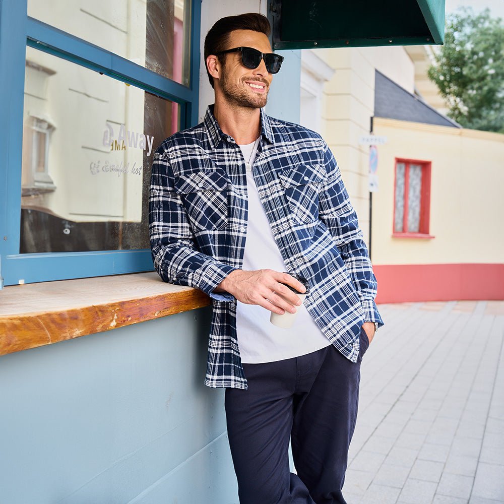 Navy Men's Long Sleeve Cotton Plaid Flannel Shirt - MAGCOMSEN