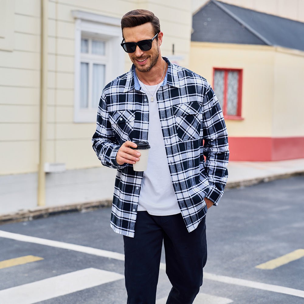 Black Men's Long Sleeve Cotton Plaid Flannel Shirt - MAGCOMSEN