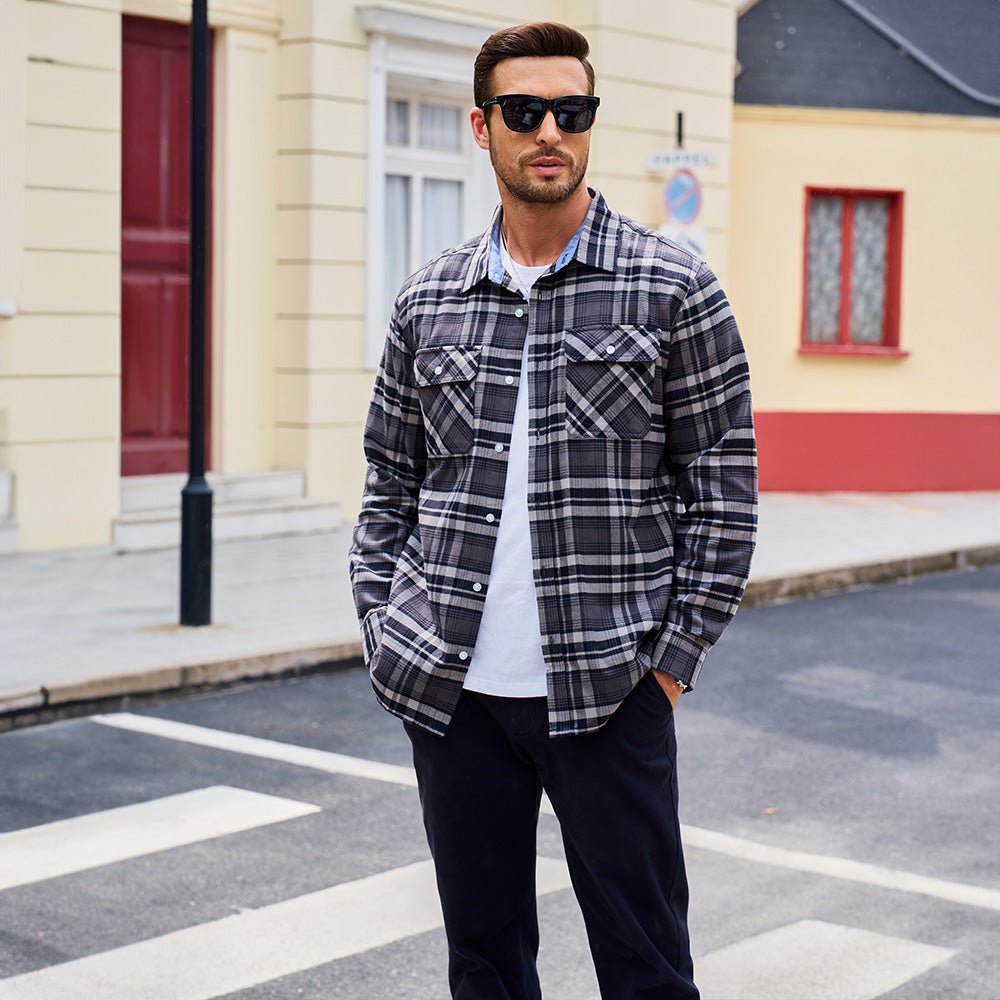 Navy Men's Long Sleeve Cotton Plaid Flannel Shirt - MAGCOMSEN