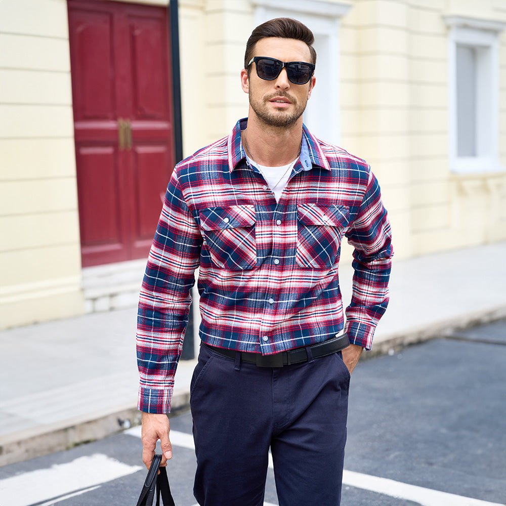 Red White Men's Long Sleeve Cotton Plaid Flannel Shirt - MAGCOMSEN