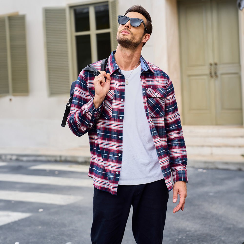 Red White Men's Long Sleeve Cotton Plaid Flannel Shirt - MAGCOMSEN