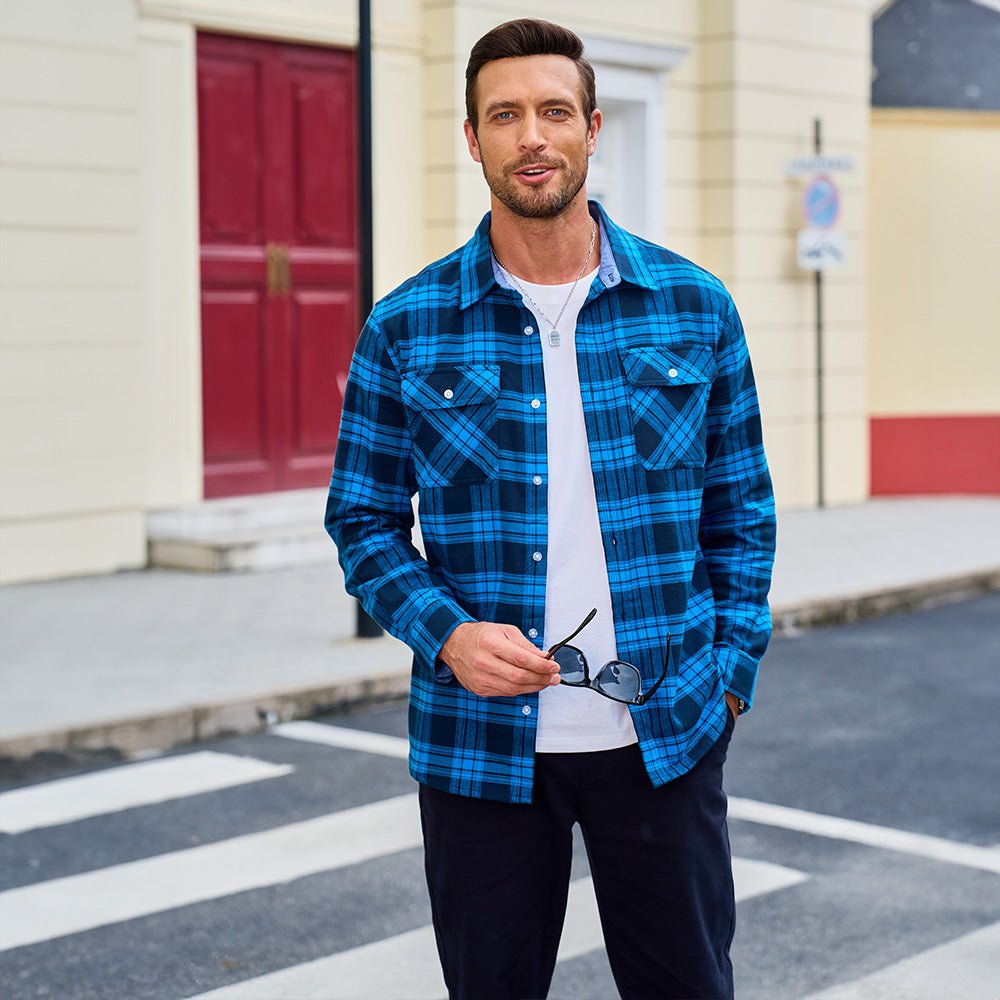 Bright Blue Men's Long Sleeve Cotton Plaid Flannel Shirt - MAGCOMSEN