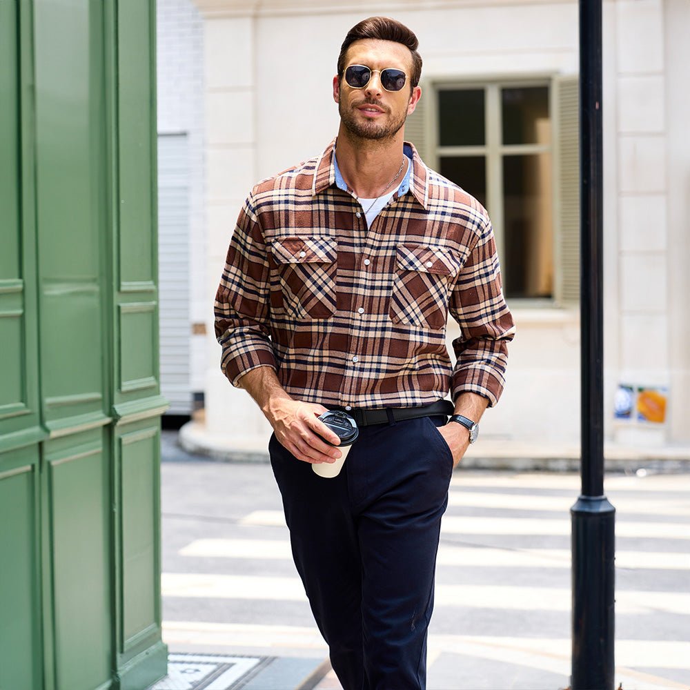 Brown Men's Long Sleeve Cotton Plaid Flannel Shirt - MAGCOMSEN
