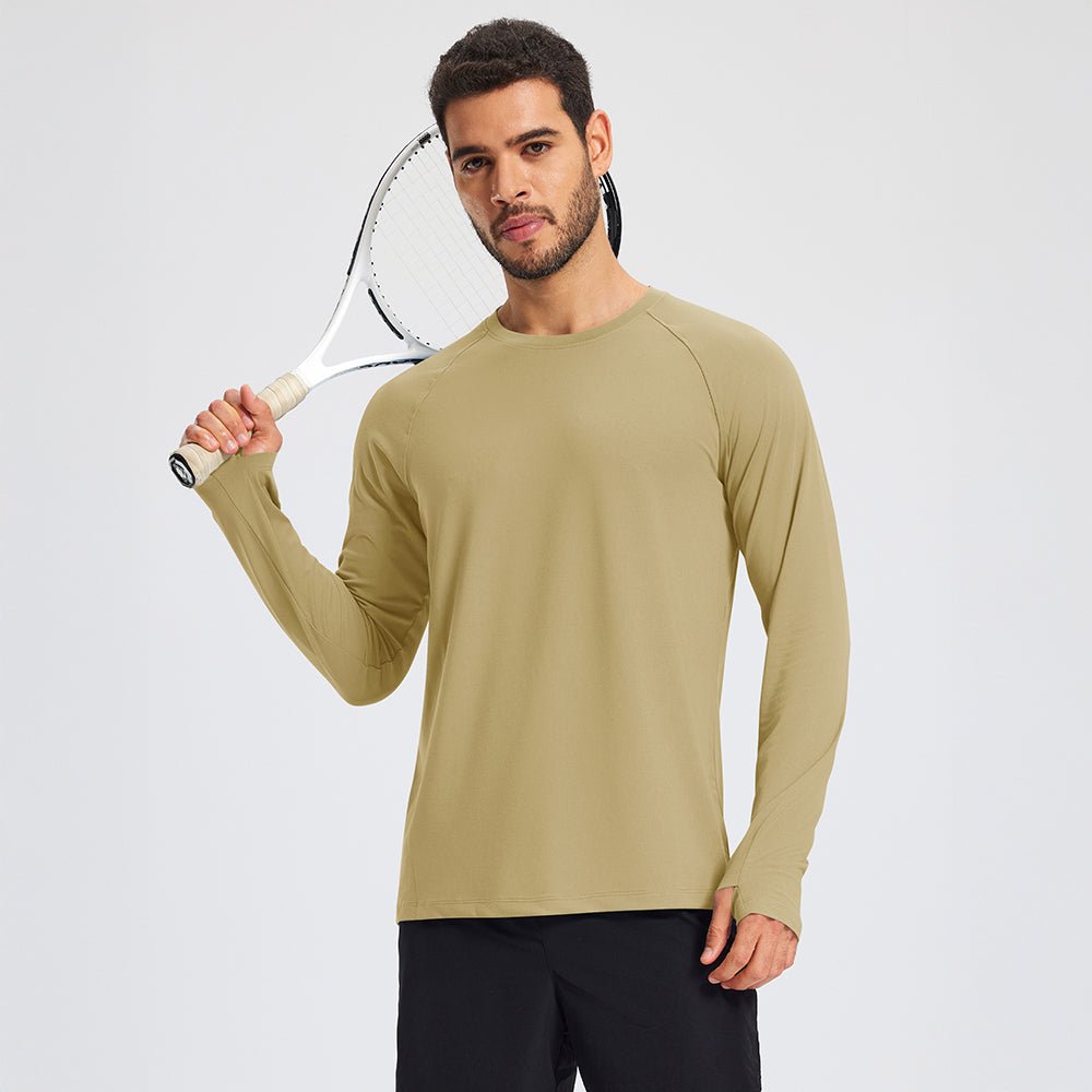 Khaki Men's Long Sleeve Dry Fit Athletic Running Shirt - MAGCOMSEN