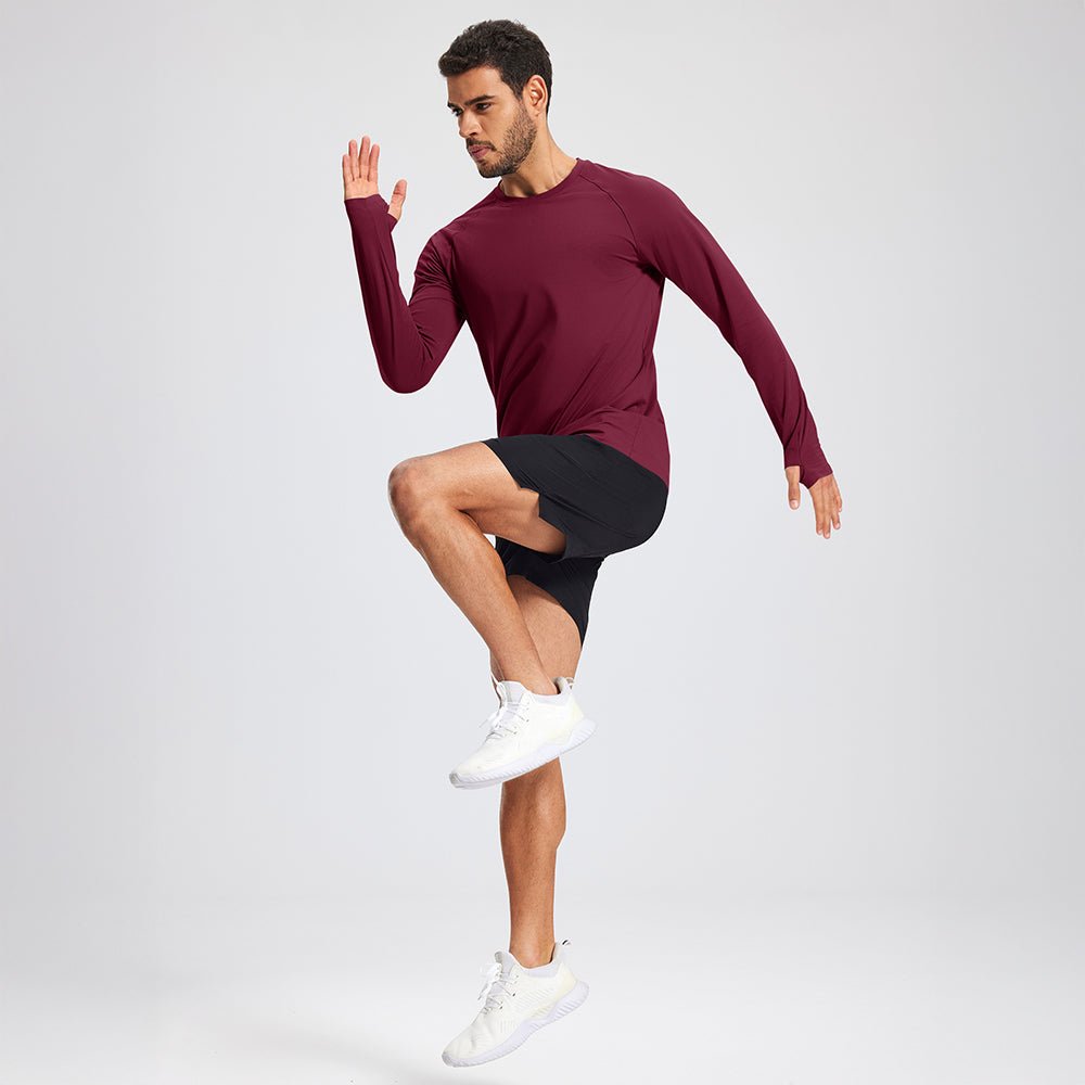 Wine Red Men's Long Sleeve Dry Fit Athletic Running Shirt - MAGCOMSEN
