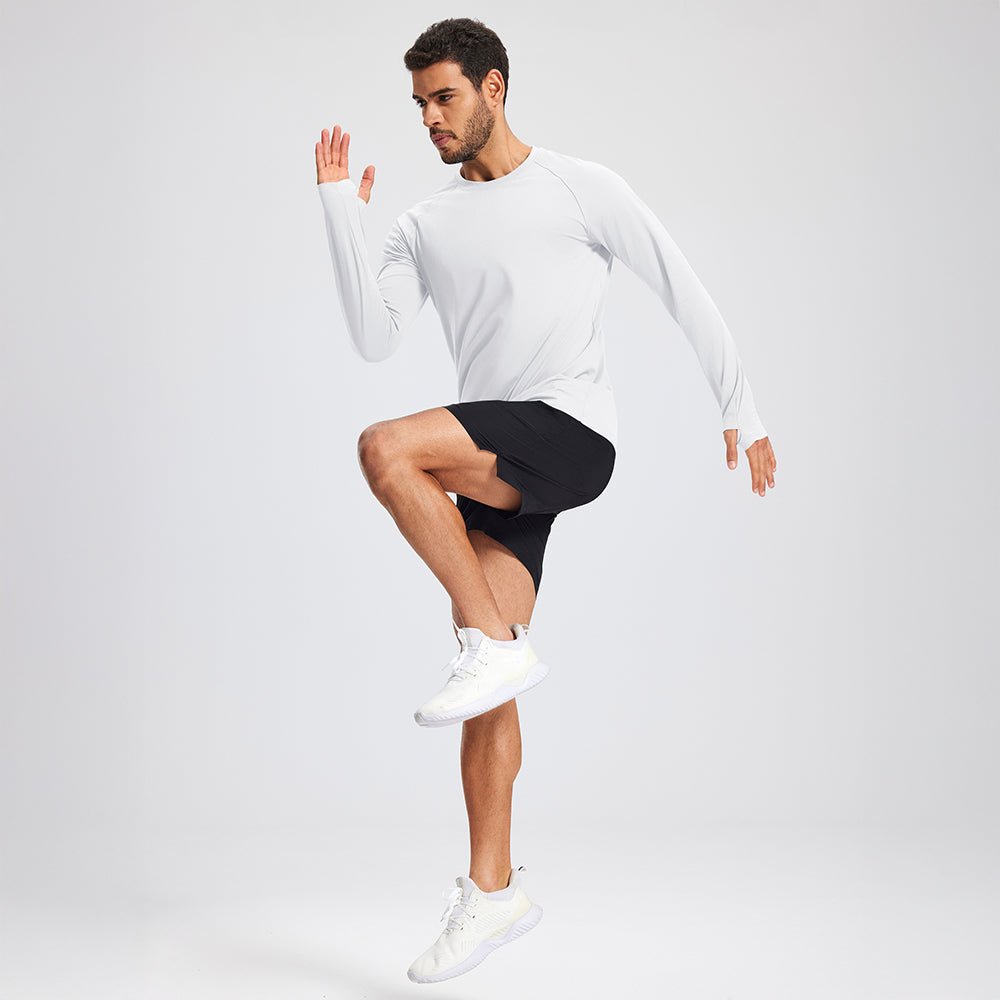 White Men's Long Sleeve Dry Fit Athletic Running Shirt - MAGCOMSEN