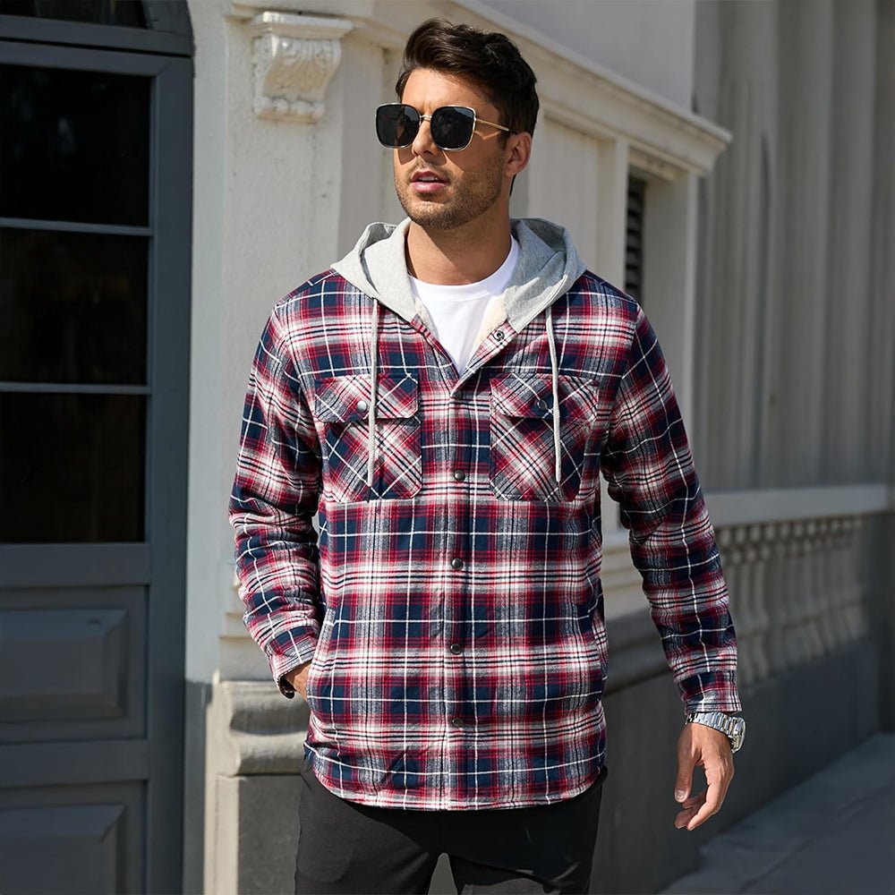 White Red Men’s Sherpa - Lined Flannel Hoodies – Plaid Winter Jackets - MAGCOMSEN