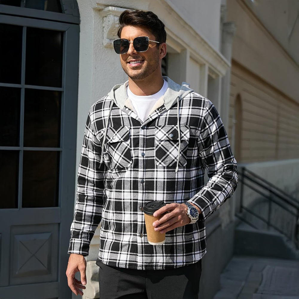 Black White Men’s Sherpa - Lined Flannel Hoodies – Plaid Winter Jackets - MAGCOMSEN