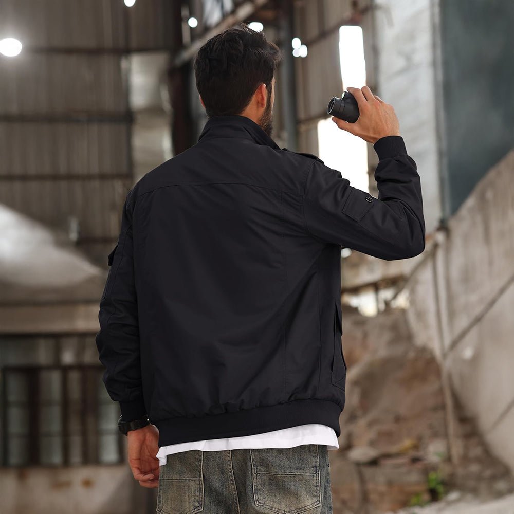 Black Men's Tactical Cargo Jackets Stand Collar Cotton Casual Jacket - MAGCOMSEN