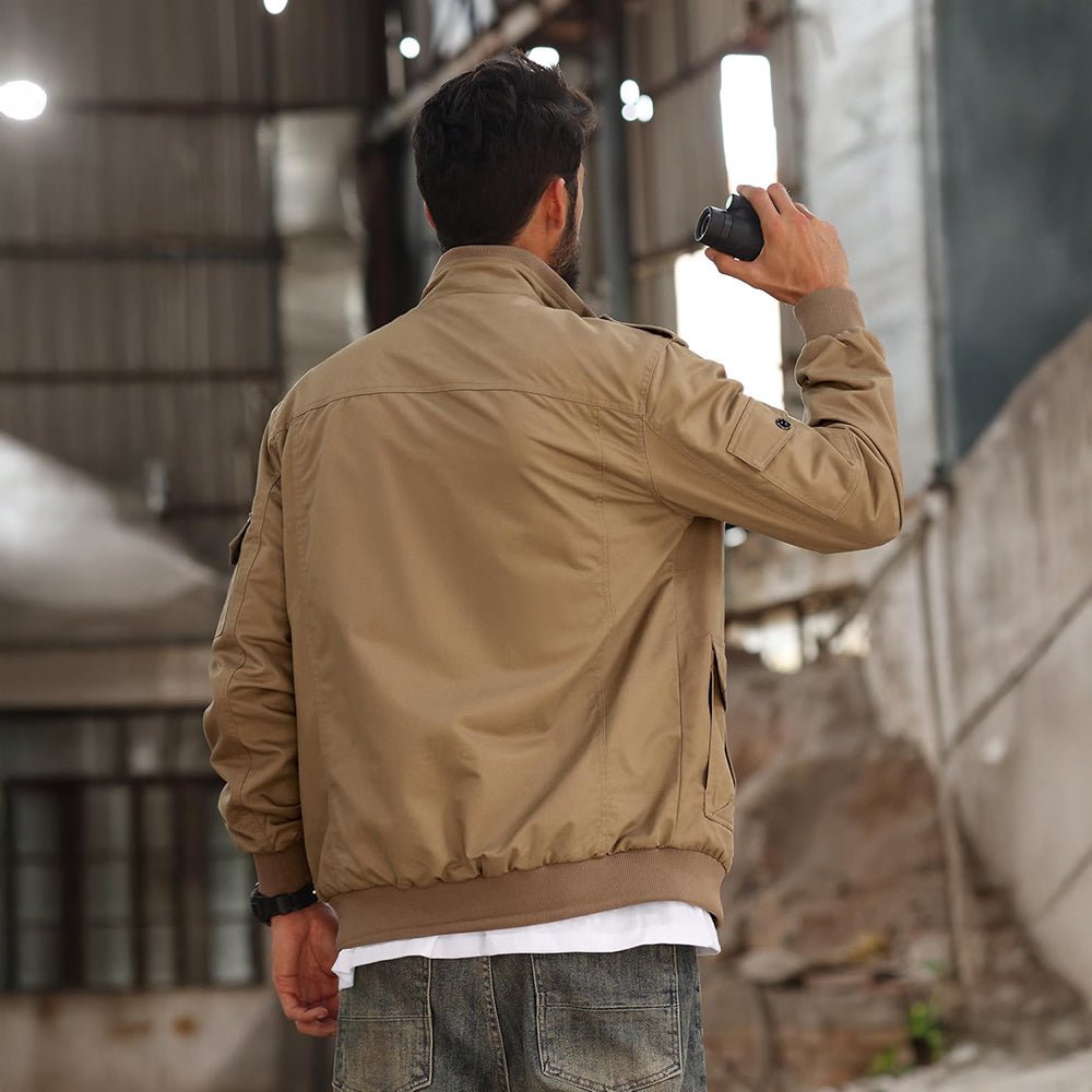 Khaki Men's Tactical Cargo Jackets Stand Collar Cotton Casual Jacket - MAGCOMSEN