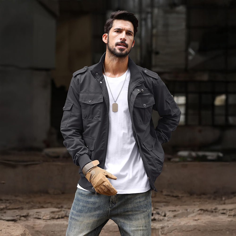 Dark Grey Men's Tactical Cargo Jackets Stand Collar Cotton Casual Jacket - MAGCOMSEN
