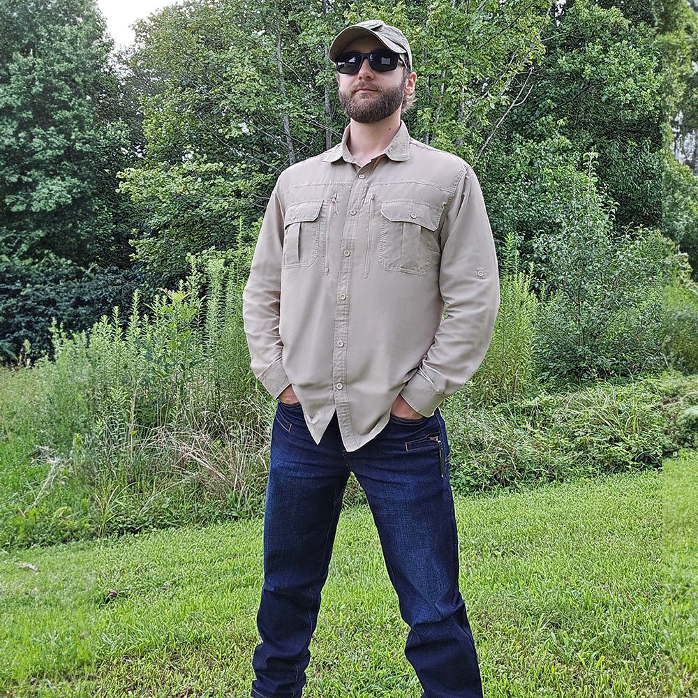 Khaki Men's Tactical Shirt, Quick-Dry & UV Protection for Hiking
