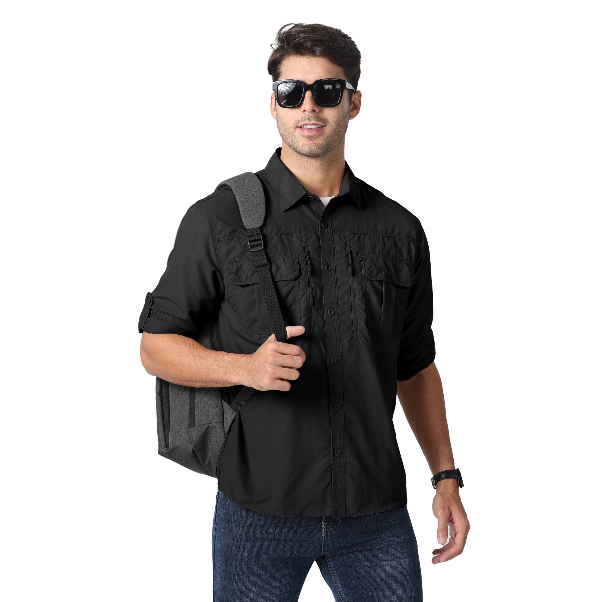 Black Men's Tactical Shirt, Quick - Dry & UV Protection for Hiking - MAGCOMSEN