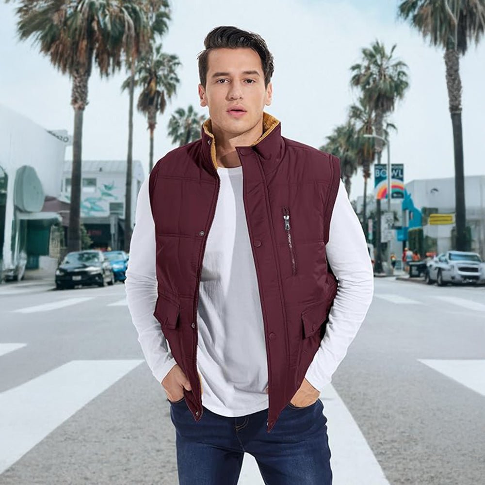 Wine Men's Warm Fleece Lined Vest Outerwear Sleeveless Jacket - MAGCOMSEN