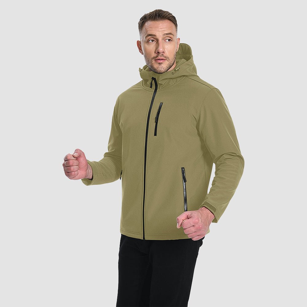 Khaki Men's Waterproof Fleece - Lined Winter Jacket - Lightweight Hooded Softshell for Hiking - MAGCOMSEN