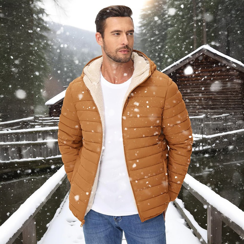 Light Brown Men's Winter Puffer Jacket Hooded Water Resistant Coat - MAGCOMSEN