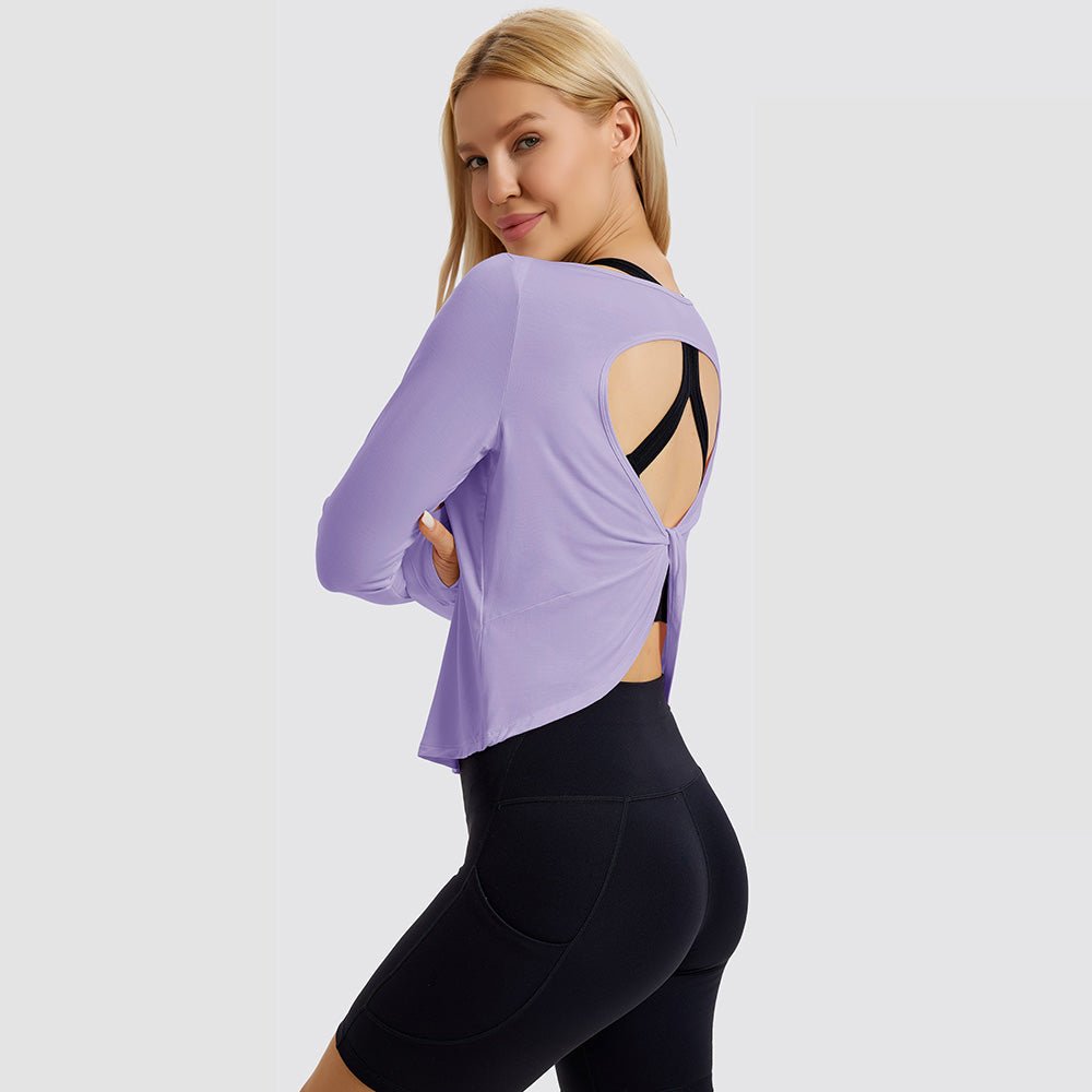 Light Purple Open Back Workout Tops - MAGCOMSEN