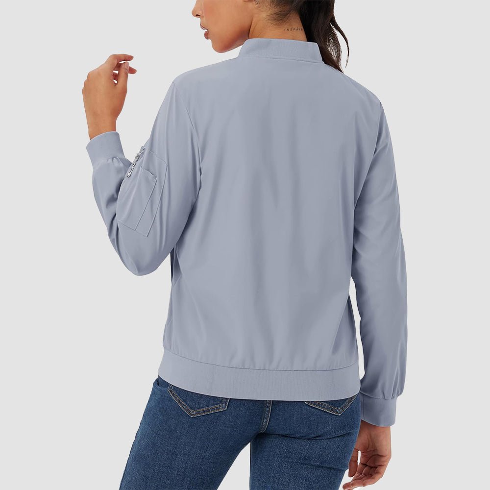 Light Grey Women's Bomber Jacket with 3 Pockets Spring Windbreaker - MAGCOMSEN