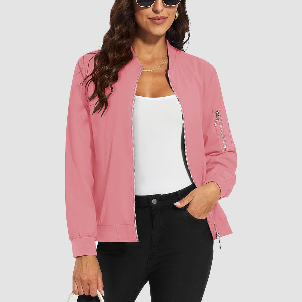 Grey Pink Women's Bomber Jacket with 3 Pockets Spring Windbreaker - MAGCOMSEN