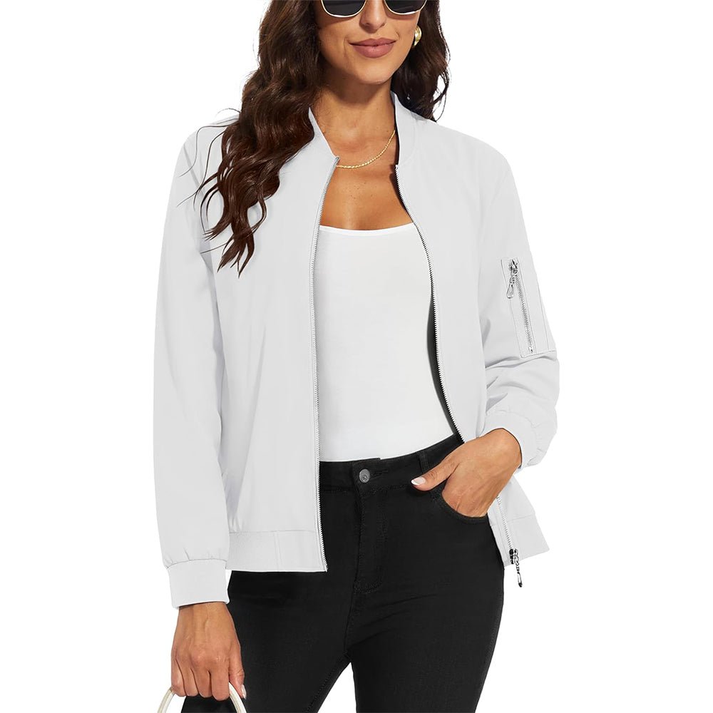 White Women's Bomber Jacket with 3 Pockets Spring Windbreaker - MAGCOMSEN