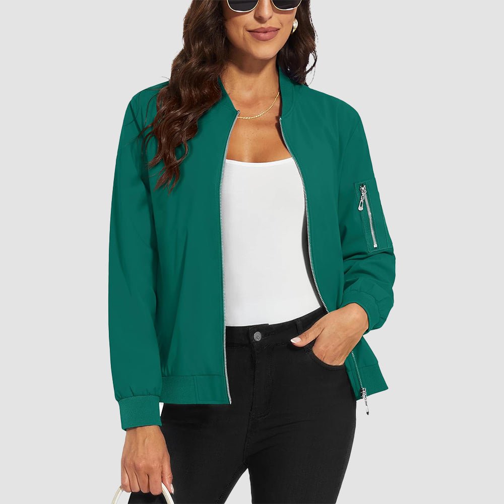 Jade Green Women's Bomber Jacket with 3 Pockets Spring Windbreaker - MAGCOMSEN