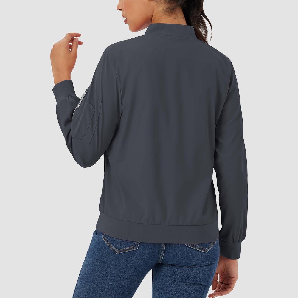 Dark Grey Women's Bomber Jacket with 3 Pockets Spring Windbreaker - MAGCOMSEN