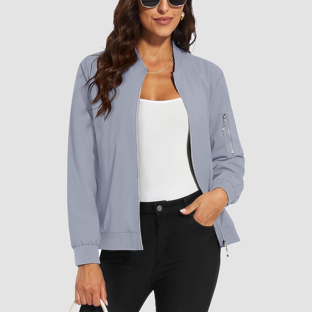 Light Grey Women's Bomber Jacket with 3 Pockets Spring Windbreaker - MAGCOMSEN