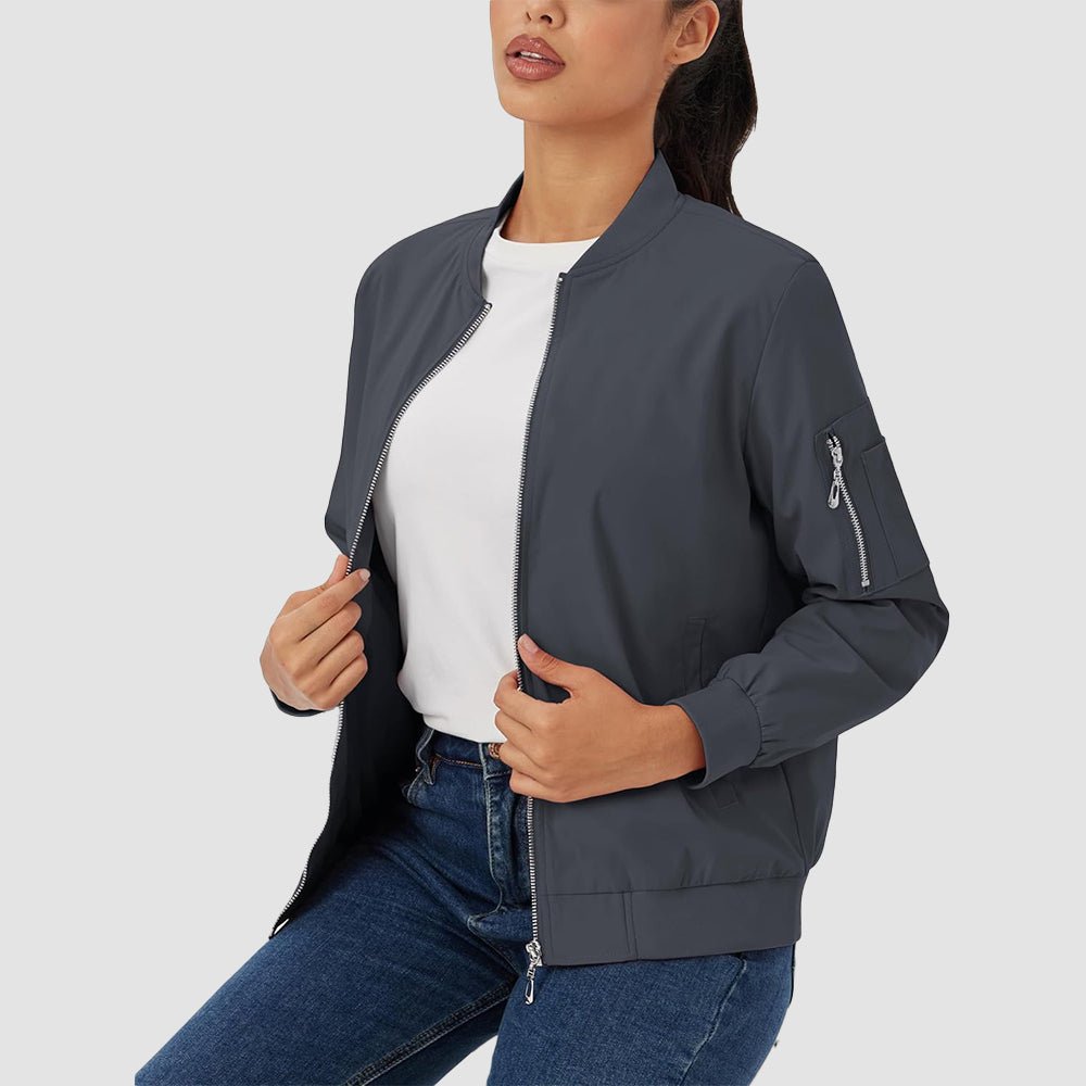 Dark Grey Women's Bomber Jacket with 3 Pockets Spring Windbreaker - MAGCOMSEN