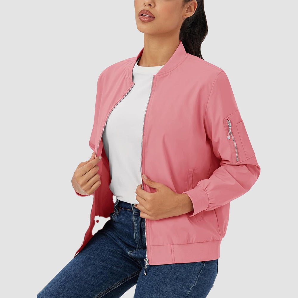 Grey Pink Women's Bomber Jacket with 3 Pockets Spring Windbreaker - MAGCOMSEN
