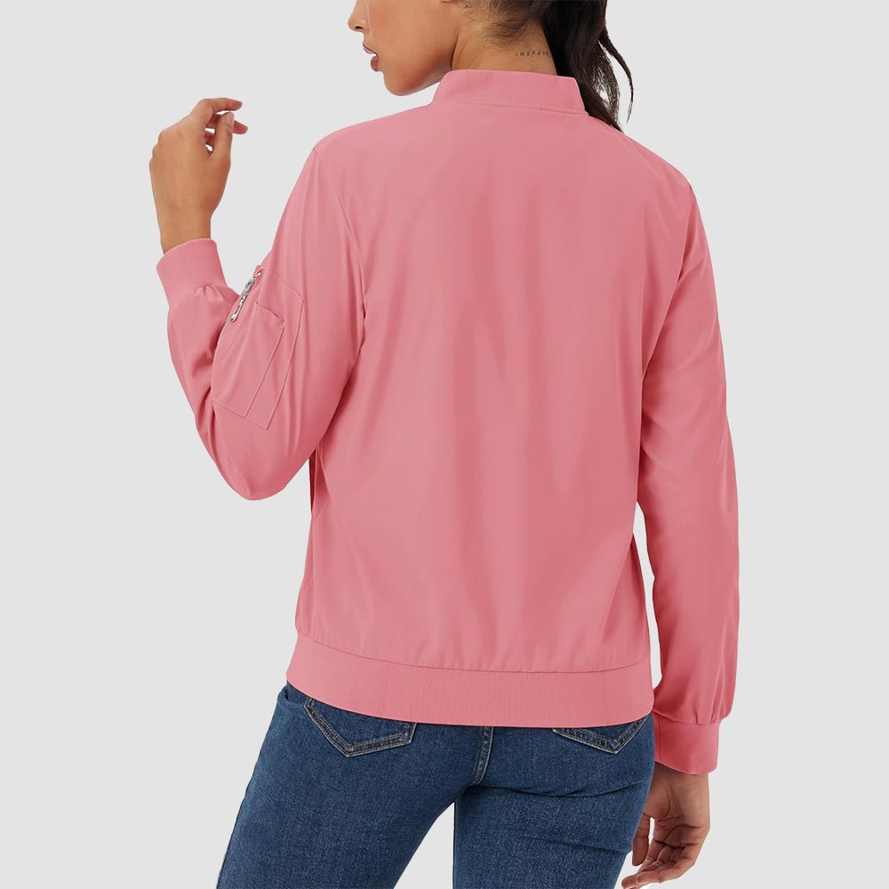Grey Pink Women's Bomber Jacket with 3 Pockets Spring Windbreaker - MAGCOMSEN