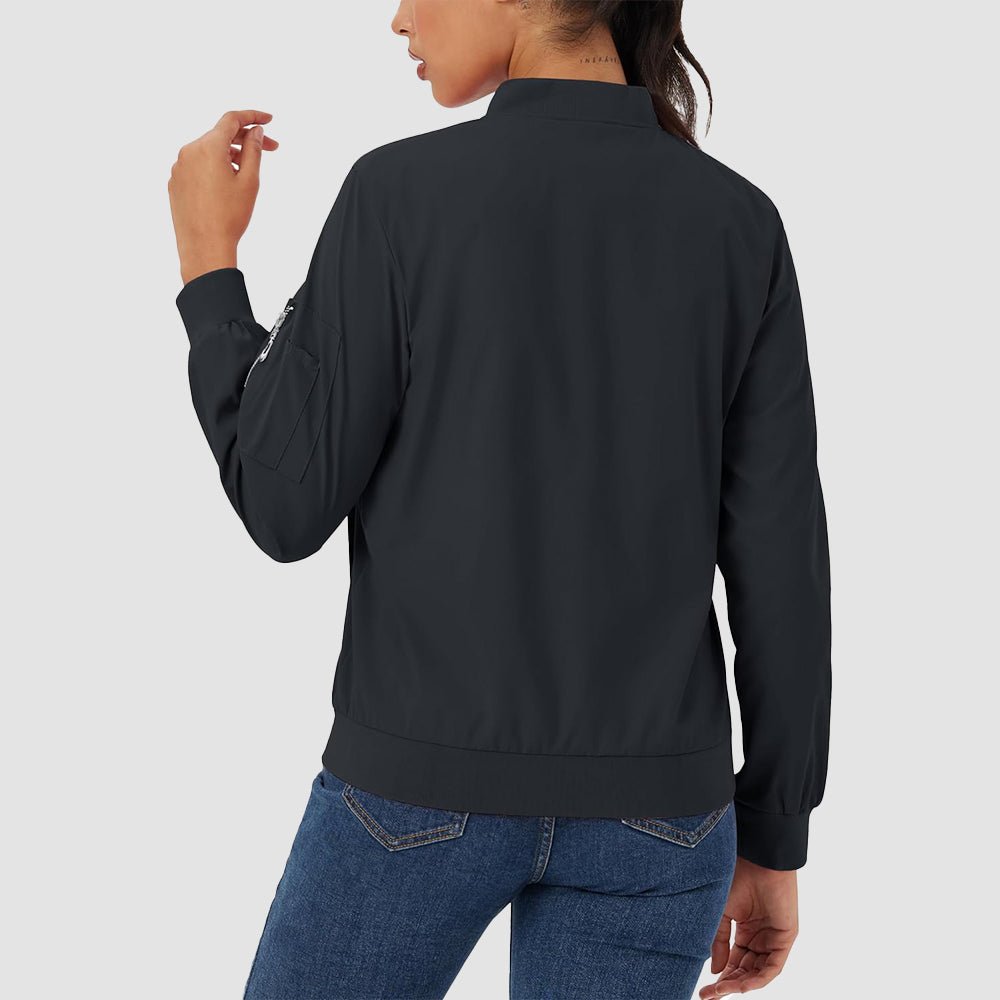 Black Women's Bomber Jacket with 3 Pockets Spring Windbreaker - MAGCOMSEN