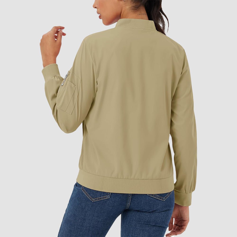 Khaki Women's Bomber Jacket with 3 Pockets Spring Windbreaker - MAGCOMSEN