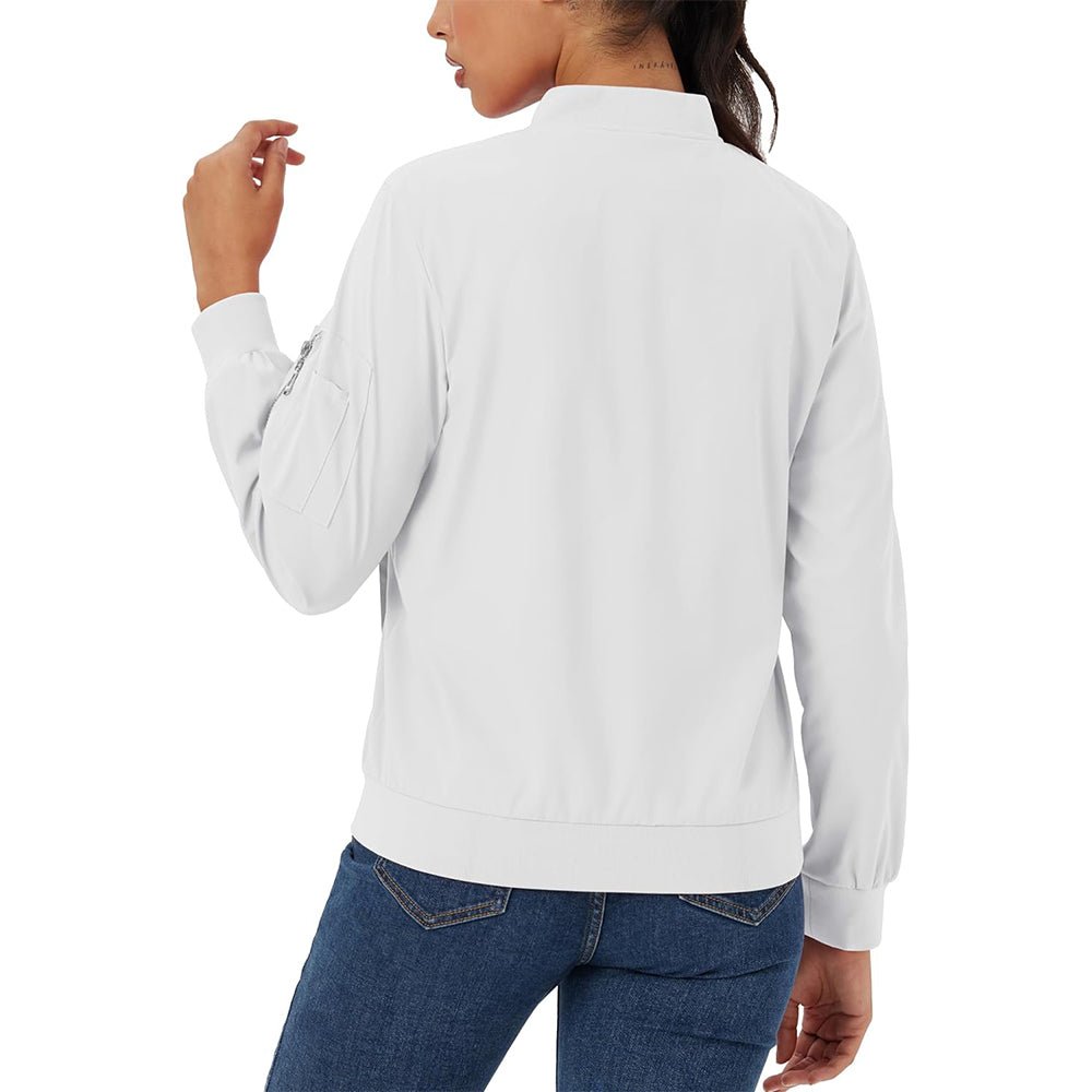White Women's Bomber Jacket with 3 Pockets Spring Windbreaker - MAGCOMSEN