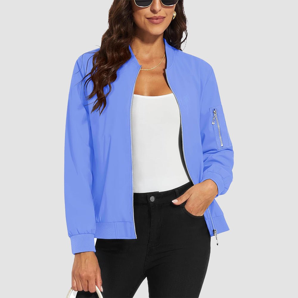 Light Blue Women's Bomber Jacket with 3 Pockets Spring Windbreaker - MAGCOMSEN