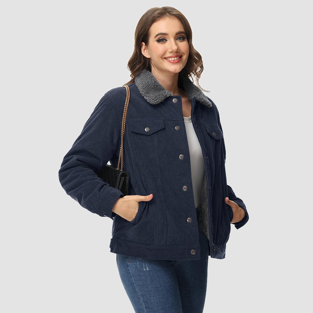 Navy Women's Corduroy Jacket Sherpa Lined Warm Winter Coat - MAGCOMSEN