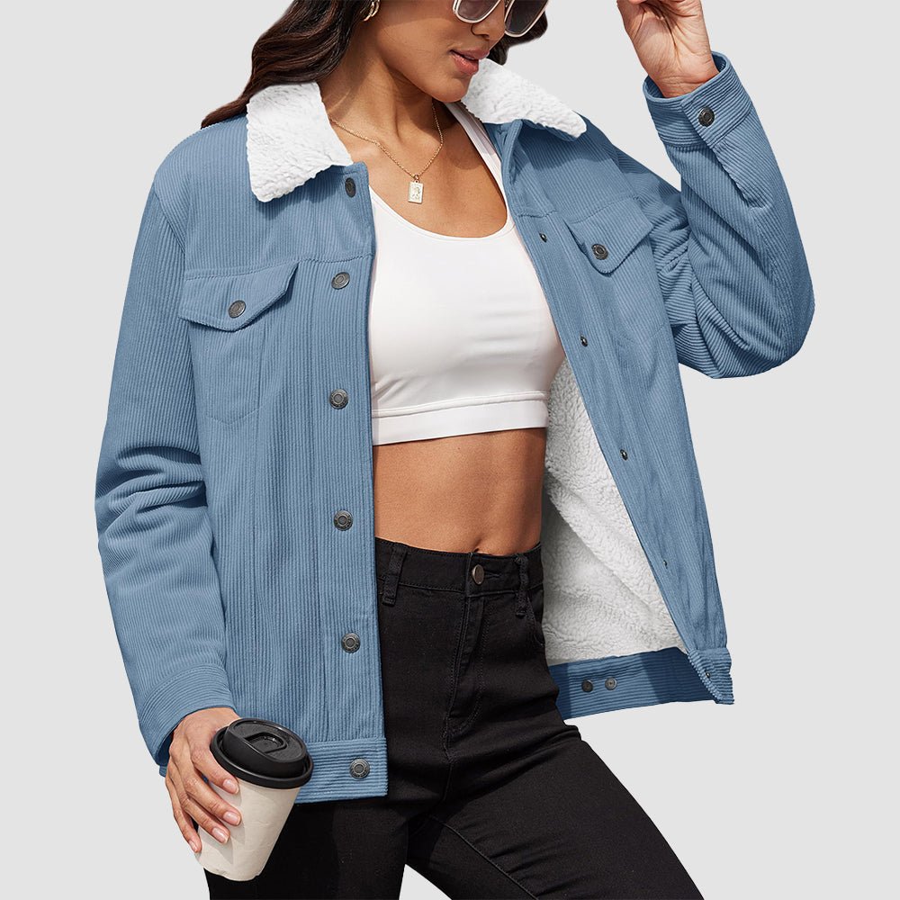 Light Blue Women's Corduroy Jacket Sherpa Lined Warm Winter Coat - MAGCOMSEN
