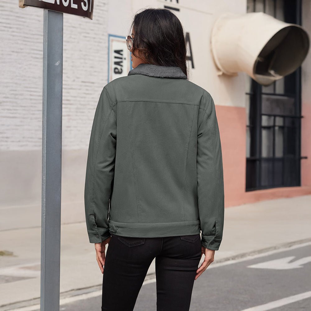 Dark Grey Women's Corduroy Jacket Sherpa Lined Warm Winter Coat - MAGCOMSEN