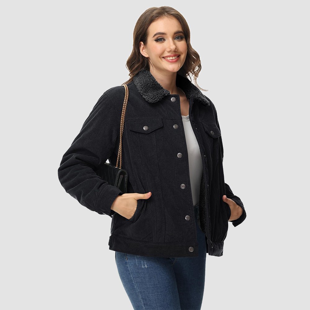 Black Women's Corduroy Jacket Sherpa Lined Warm Winter Coat - MAGCOMSEN
